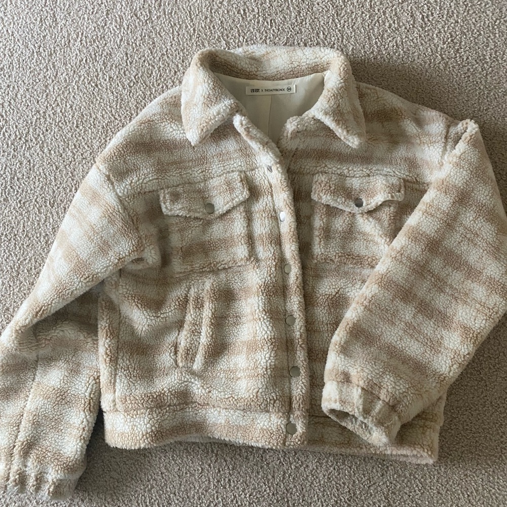 12th Tribe Cream and Tan Sherpa Button-Front Jacket